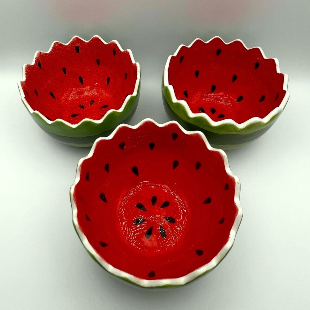 Pier 1 Watermelon‎ Bowls Green Red Hand Painted Earthenware Set of 3